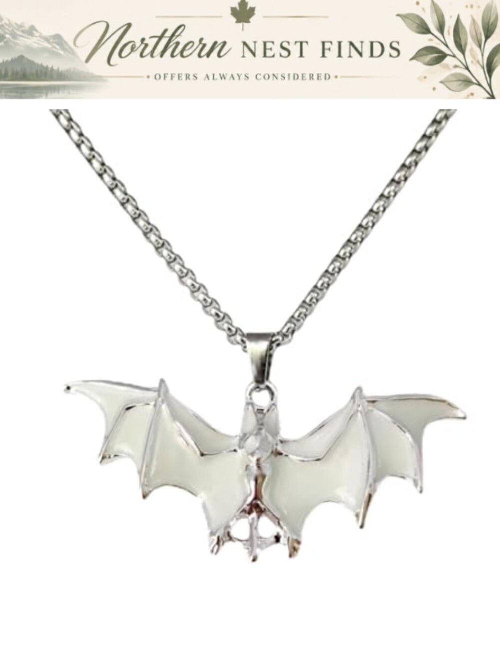 Glow in the Dark Bat Pendant Necklace Stainless Steel Box Chain